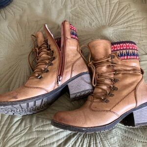 Rieker Tan Lace-Up Boots with Patterned Cuff